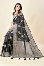 Black Soft Litchi Silk Saree with Silver Zari Tree Motifs & Tassel Pallu