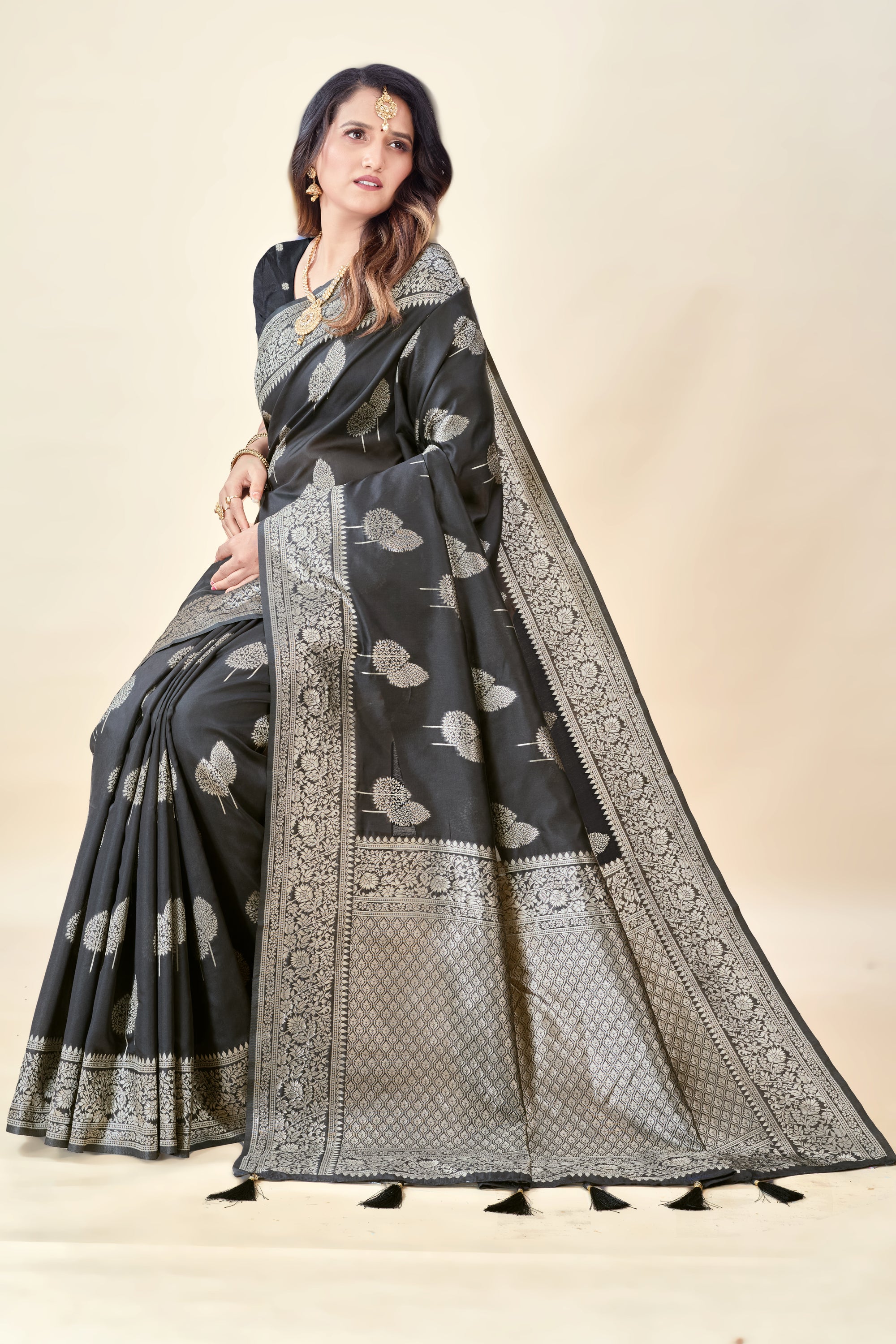 Black Soft Litchi Silk Saree with Silver Zari Tree Motifs & Tassel Pallu