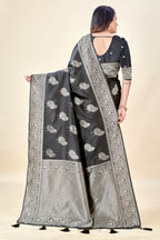 Black Soft Litchi Silk Saree with Silver Zari Tree Motifs & Tassel Pallu