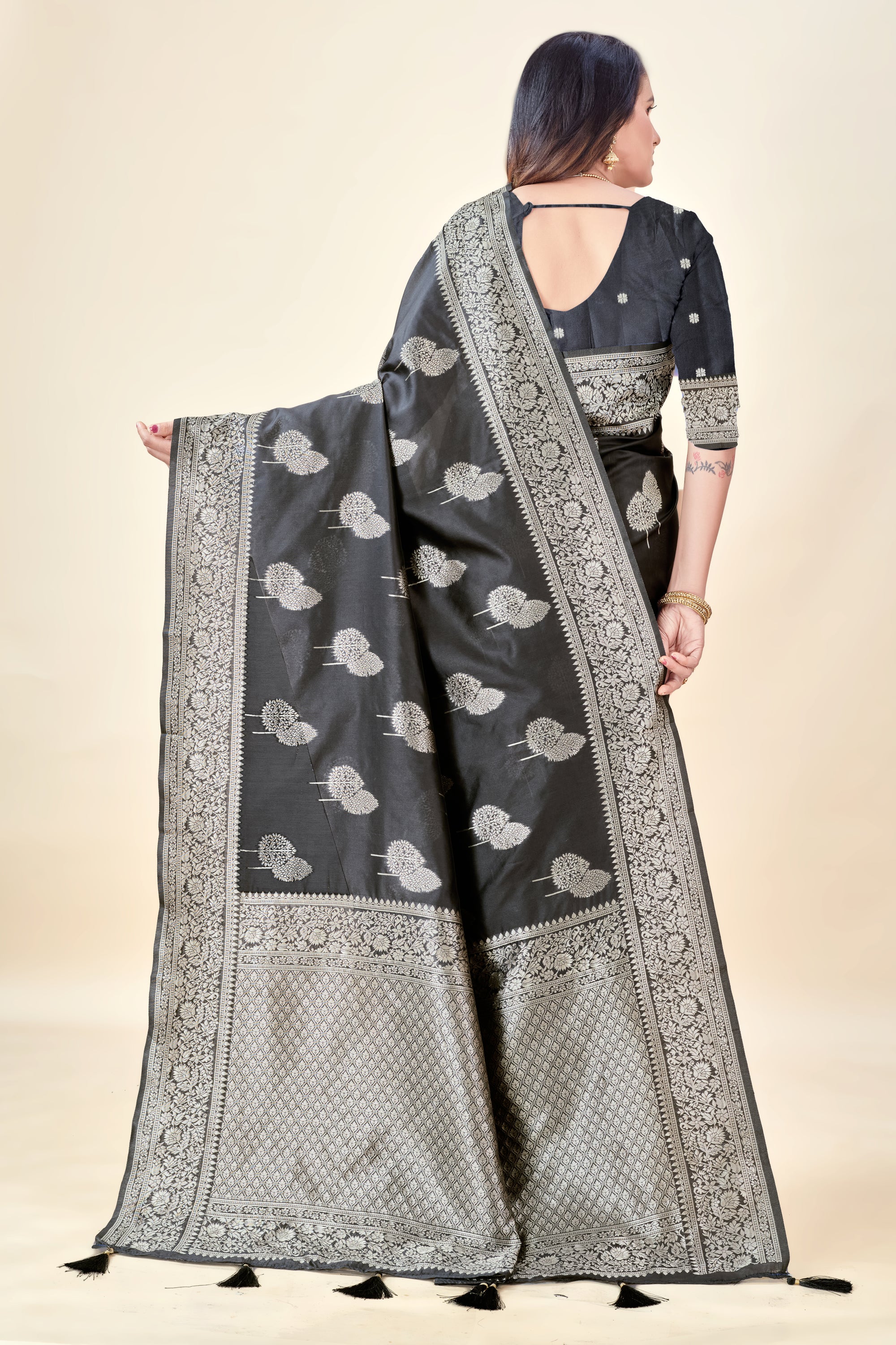 Black Soft Litchi Silk Saree with Silver Zari Tree Motifs & Tassel Pallu