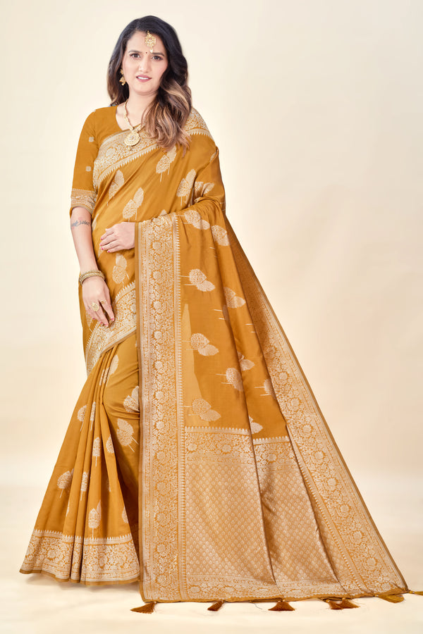 Mustard Soft Litchi Silk Saree with Silver Zari Tree Motifs & Tassel Pallu