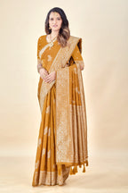 Mustard Soft Litchi Silk Saree with Silver Zari Tree Motifs & Tassel Pallu