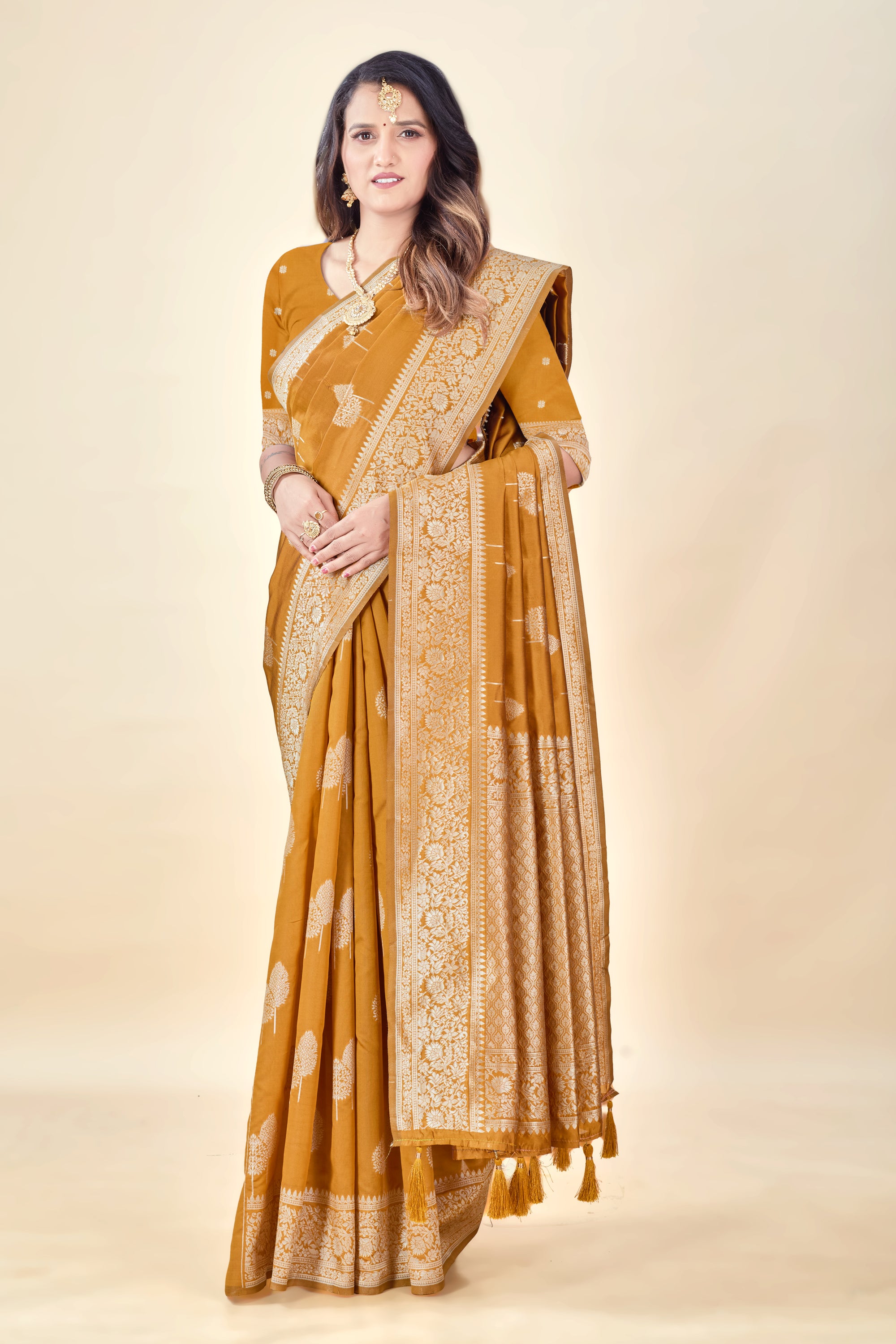 Mustard Soft Litchi Silk Saree with Silver Zari Tree Motifs & Tassel Pallu