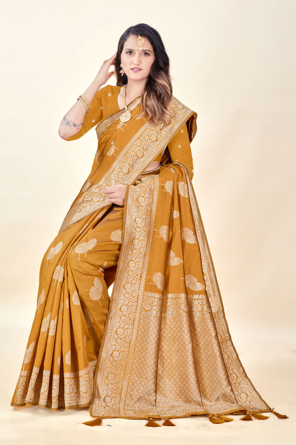 Mustard Soft Litchi Silk Saree with Silver Zari Tree Motifs & Tassel Pallu