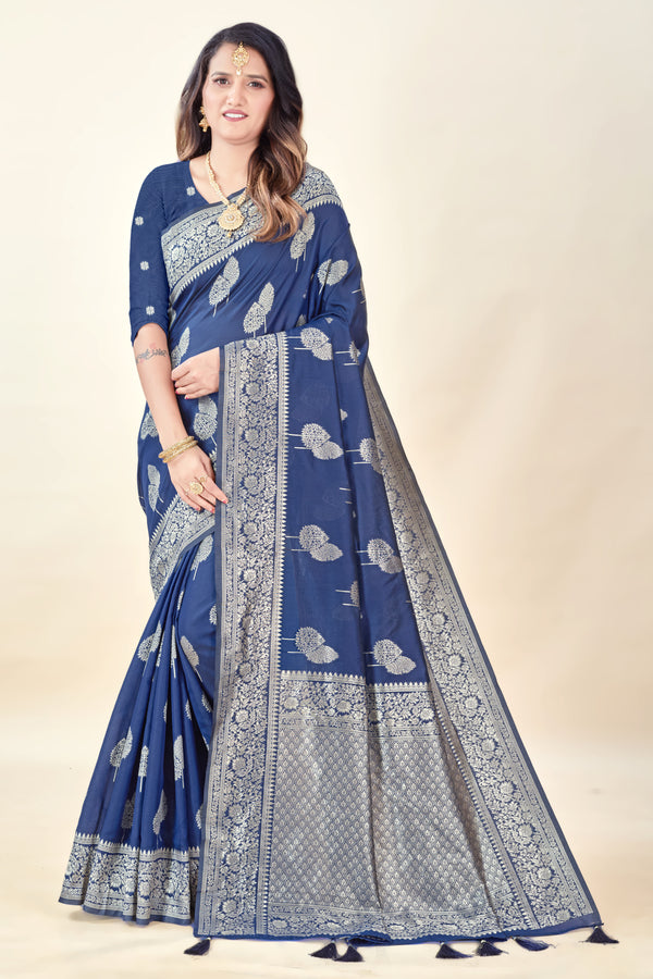 Navy Blue Soft Litchi Silk Saree with Silver Zari Tree Motifs & Tassel Pallu