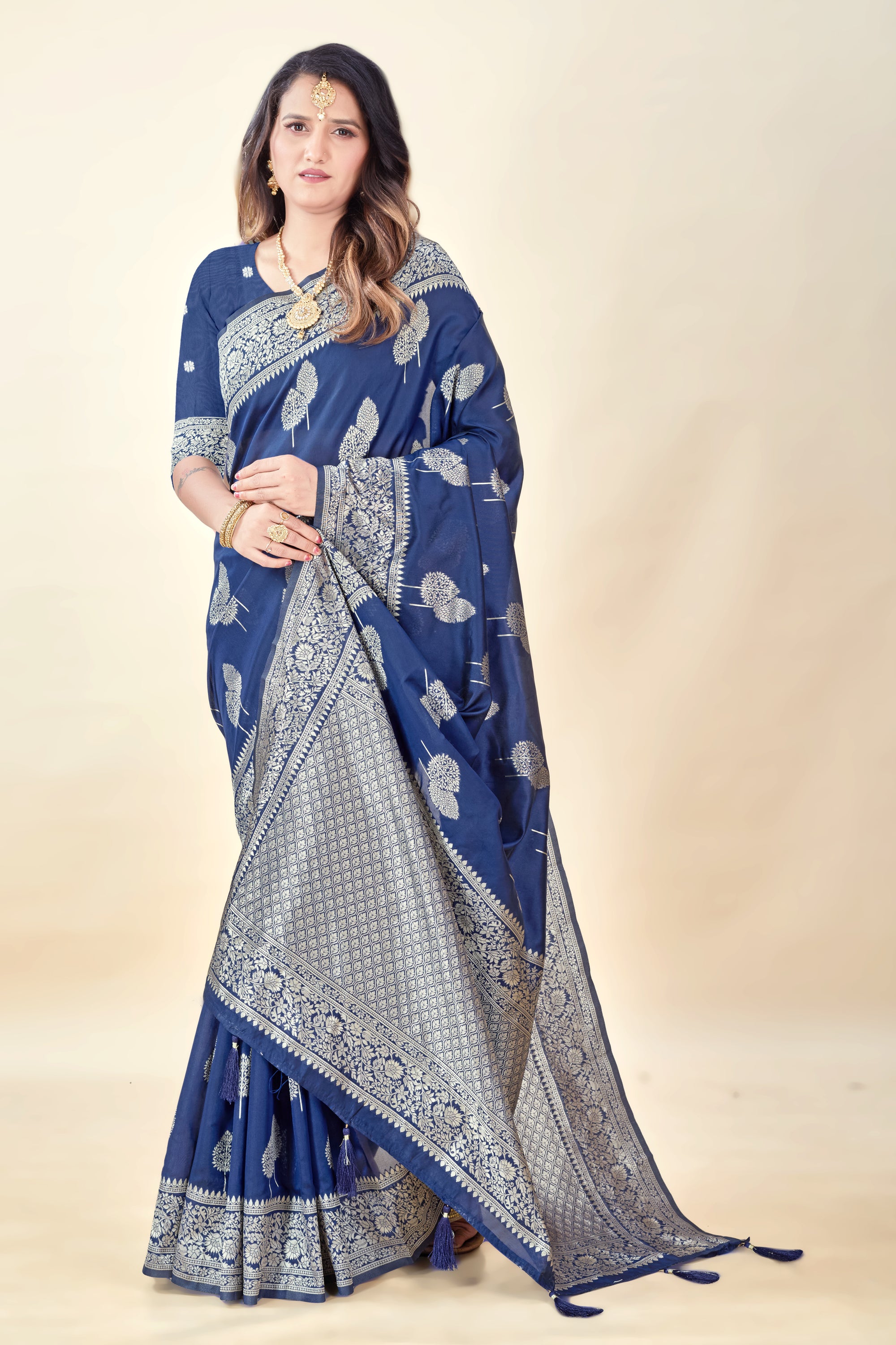 Navy Blue Soft Litchi Silk Saree with Silver Zari Tree Motifs & Tassel Pallu