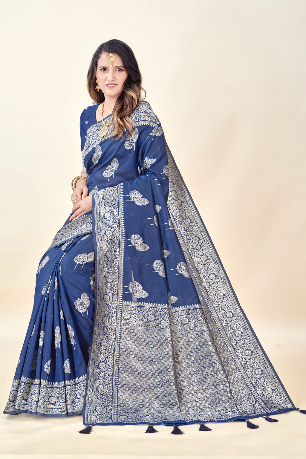 Navy Blue Soft Litchi Silk Saree with Silver Zari Tree Motifs & Tassel Pallu