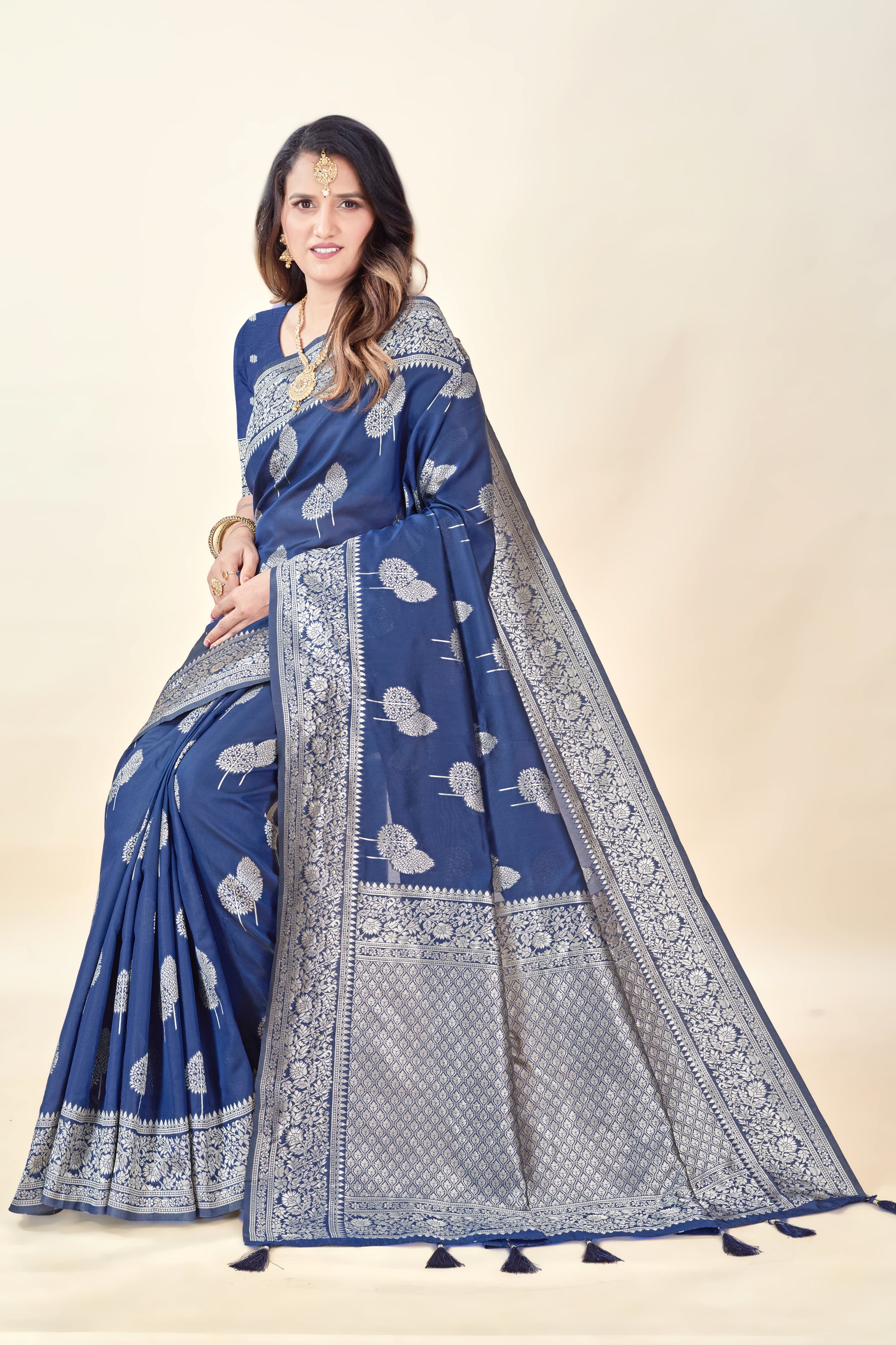 Navy Blue Soft Litchi Silk Saree with Silver Zari Tree Motifs & Tassel Pallu