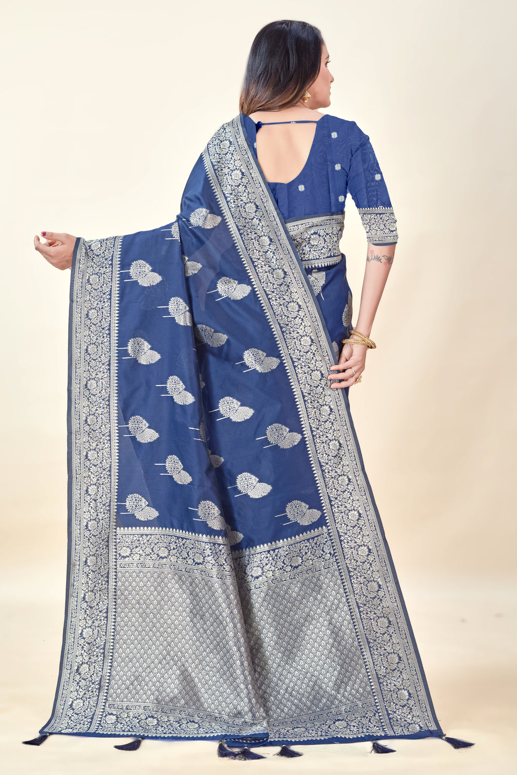 Navy Blue Soft Litchi Silk Saree with Silver Zari Tree Motifs & Tassel Pallu