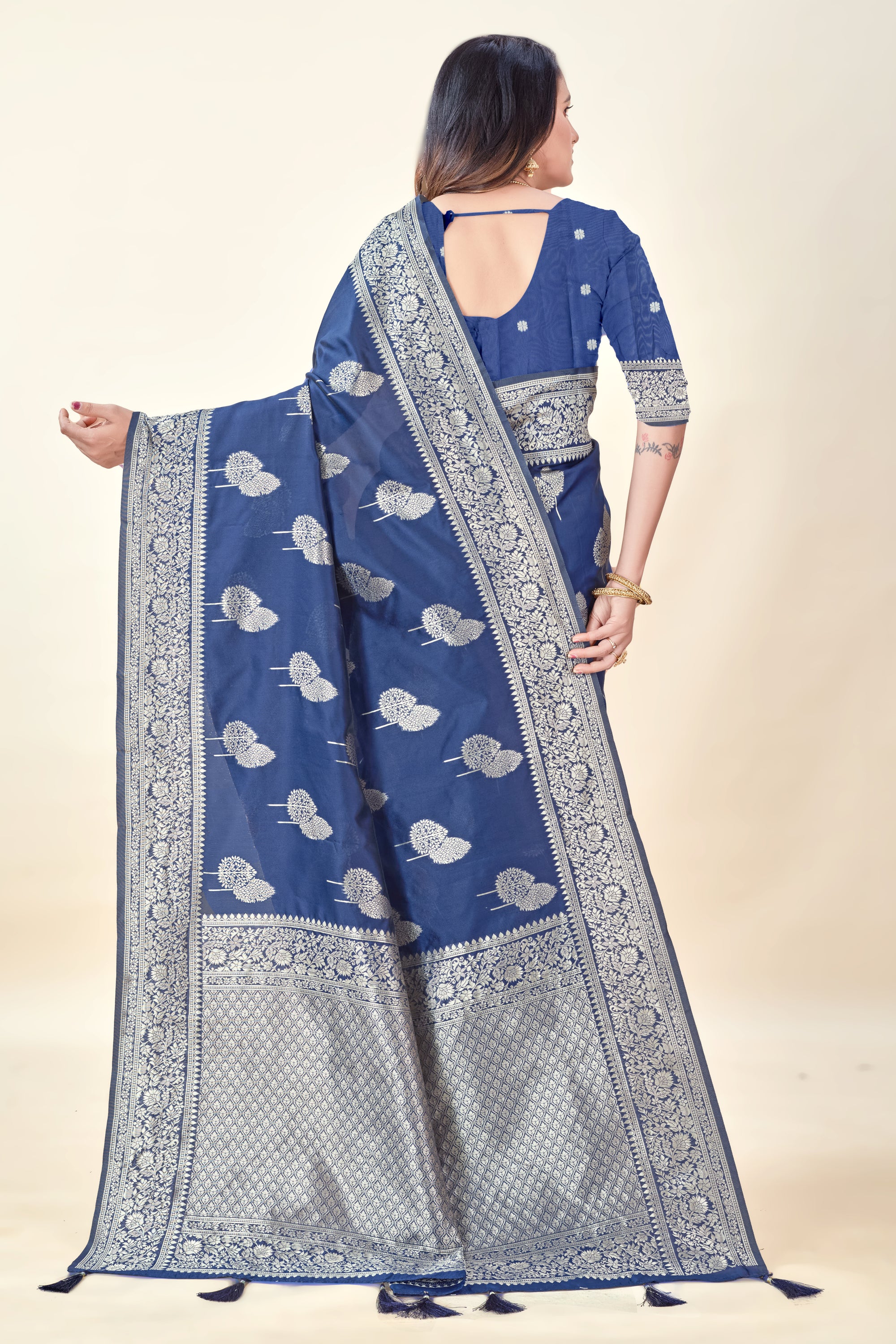 Navy Blue Soft Litchi Silk Saree with Silver Zari Tree Motifs & Tassel Pallu