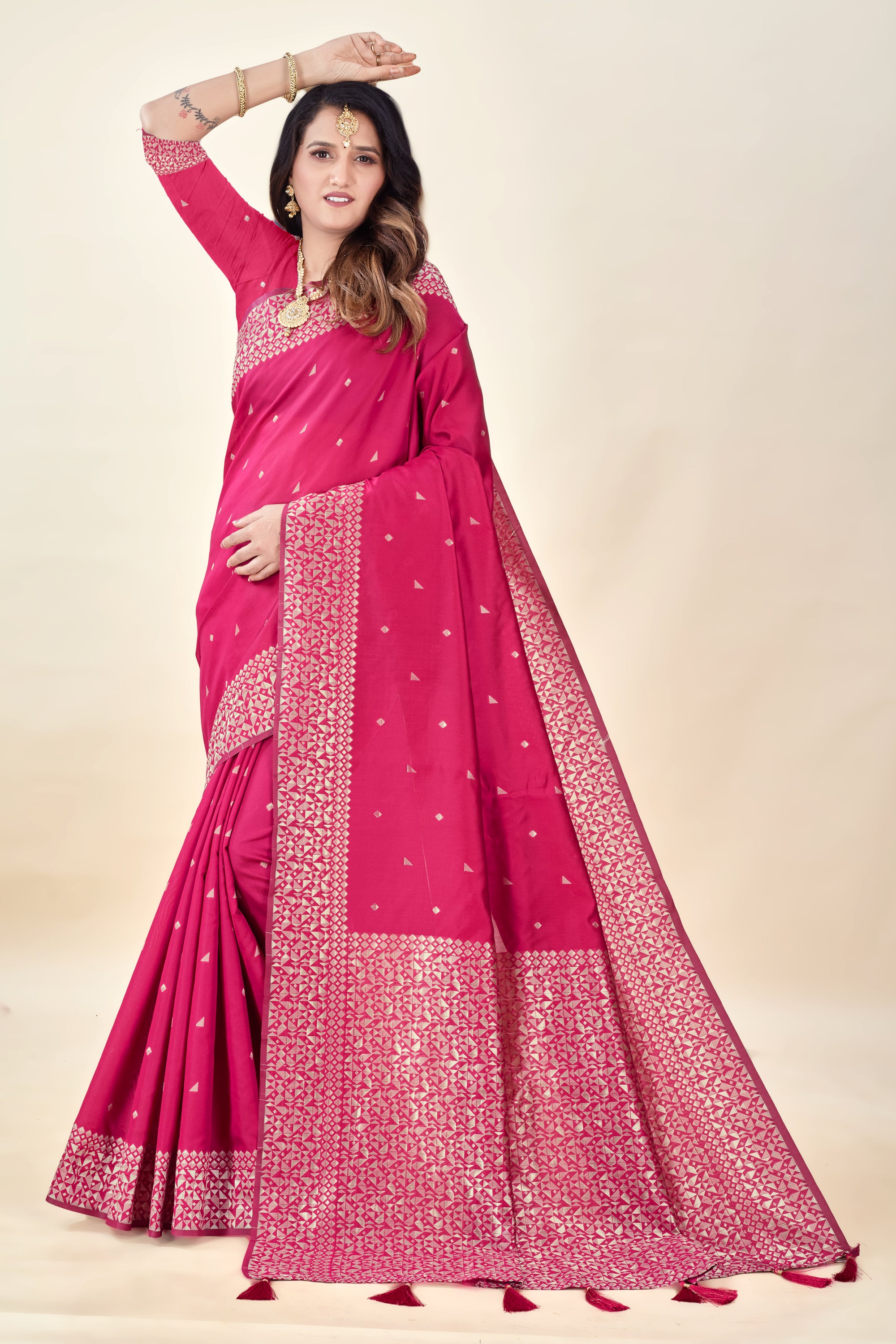 Hot Pink Soft Litchi Silk Saree with Silver Zari Weave & Tassel Pallu