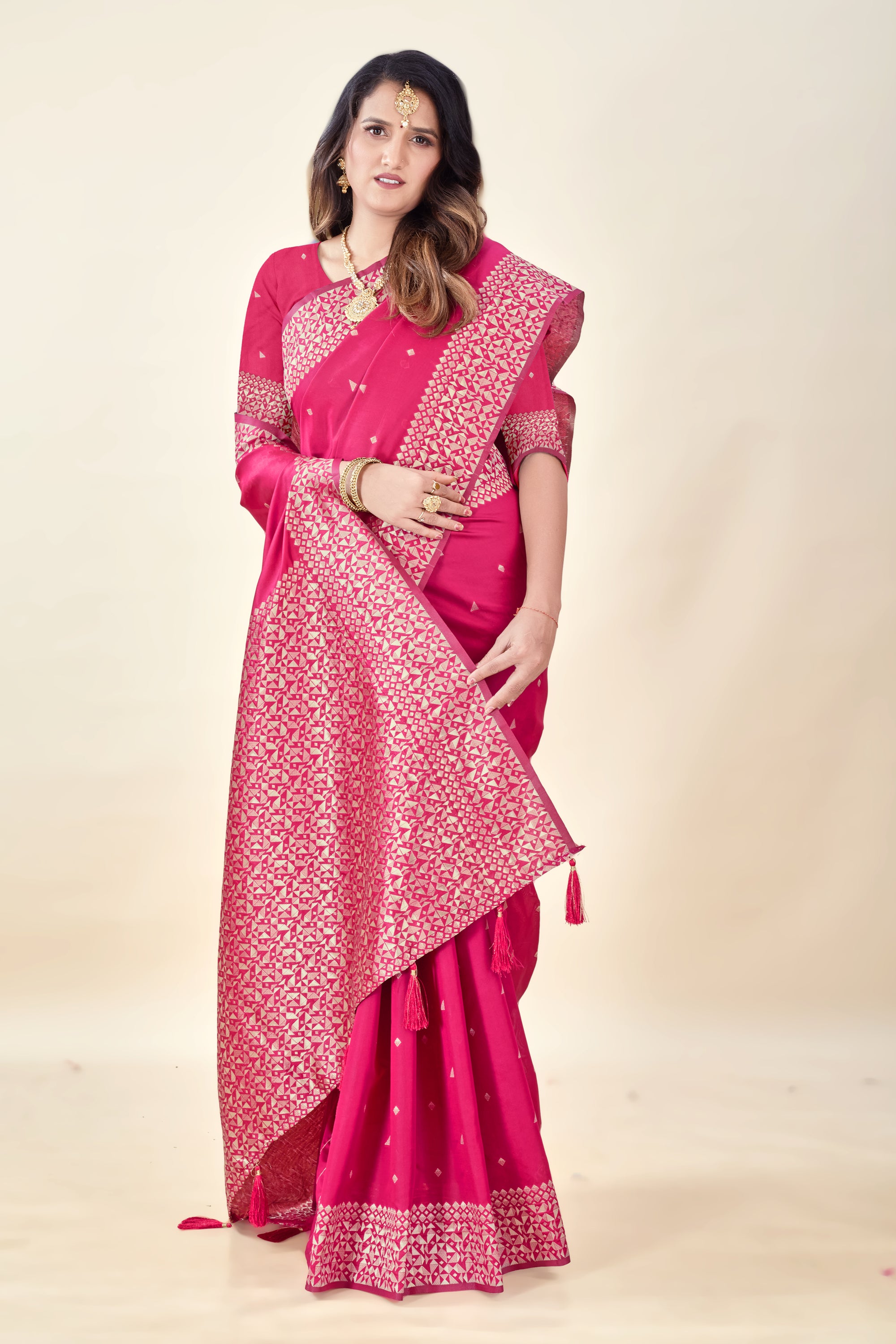 Hot Pink Soft Litchi Silk Saree with Silver Zari Weave & Tassel Pallu