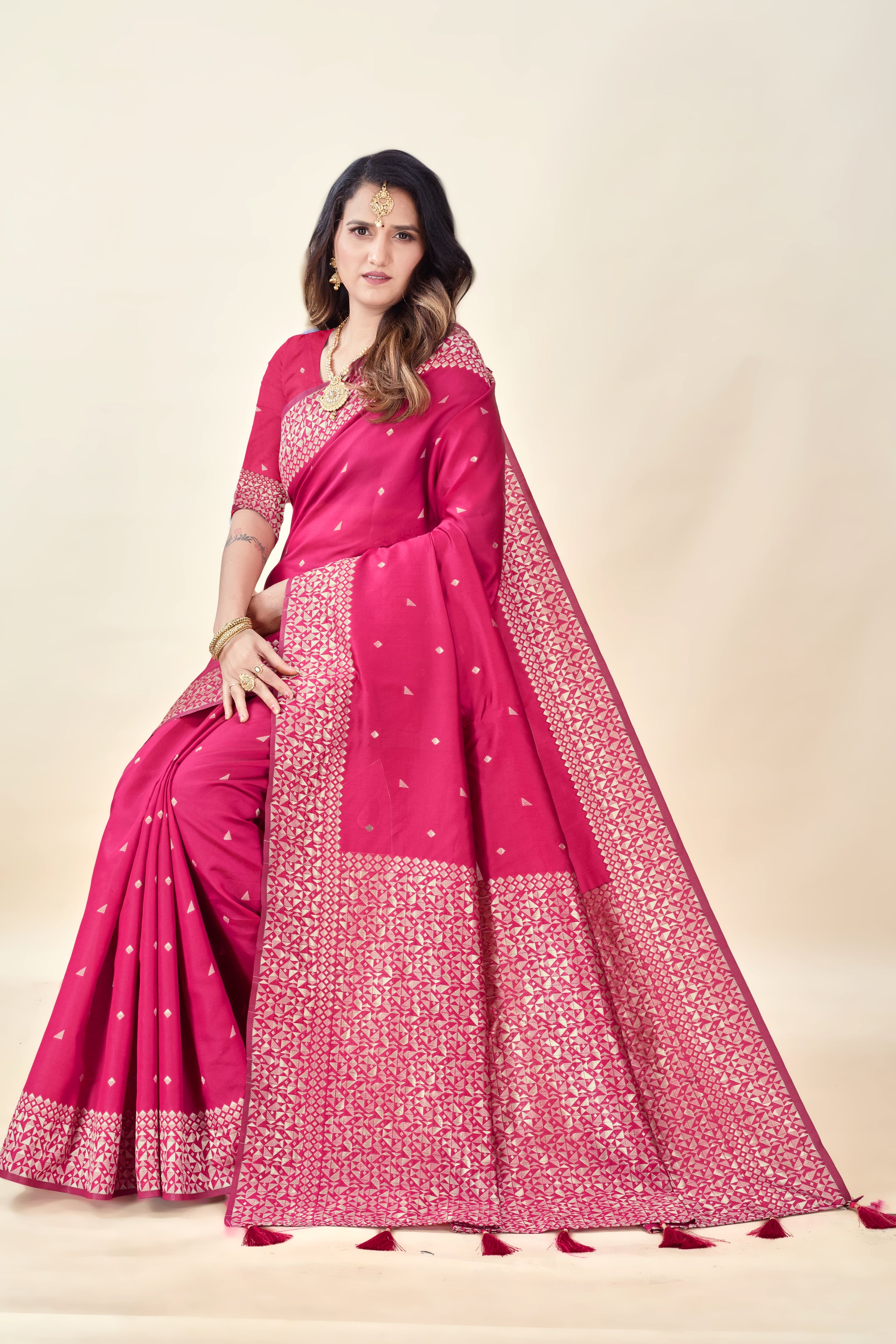Hot Pink Soft Litchi Silk Saree with Silver Zari Weave & Tassel Pallu