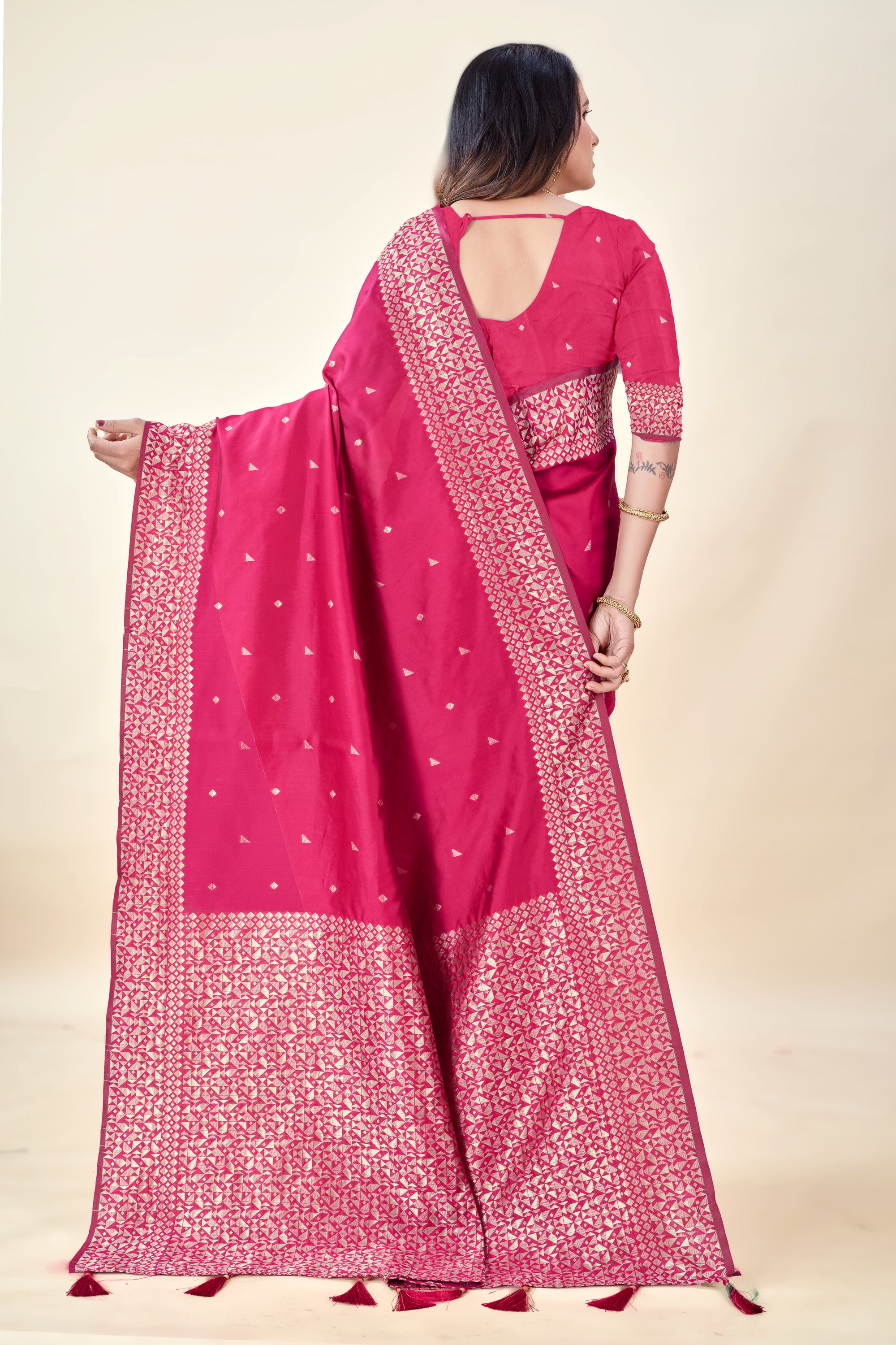 Hot Pink Soft Litchi Silk Saree with Silver Zari Weave & Tassel Pallu