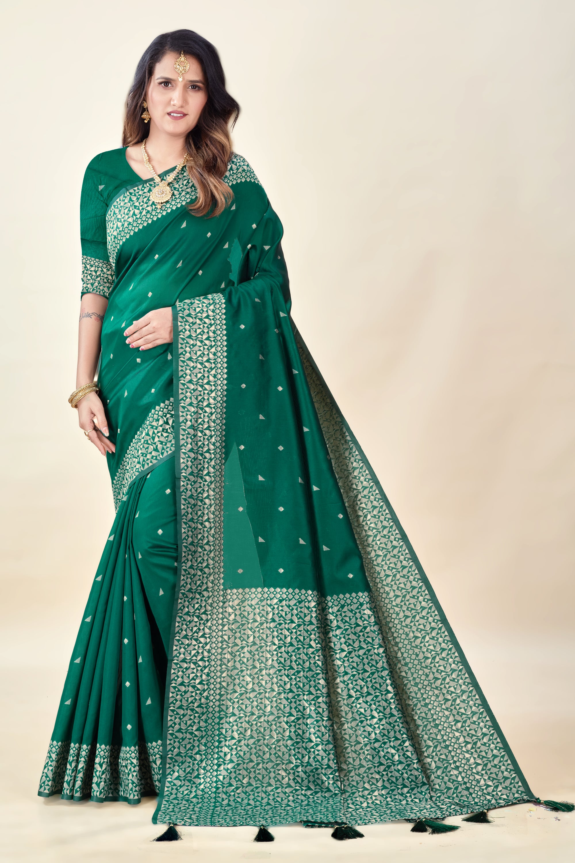 Green Soft Litchi Silk Saree with Silver Zari Weave & Tassel Pallu
