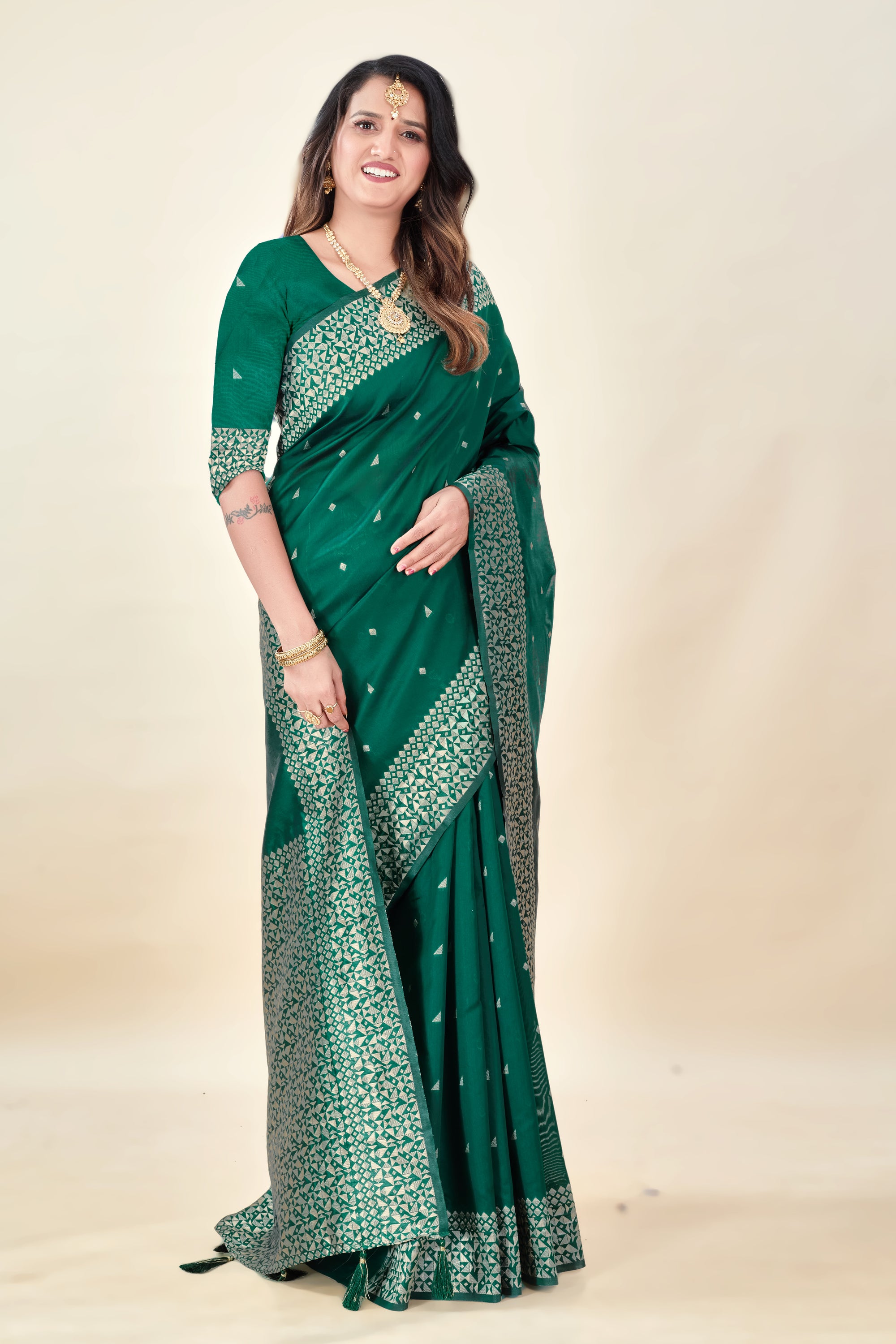 Green Soft Litchi Silk Saree with Silver Zari Weave & Tassel Pallu