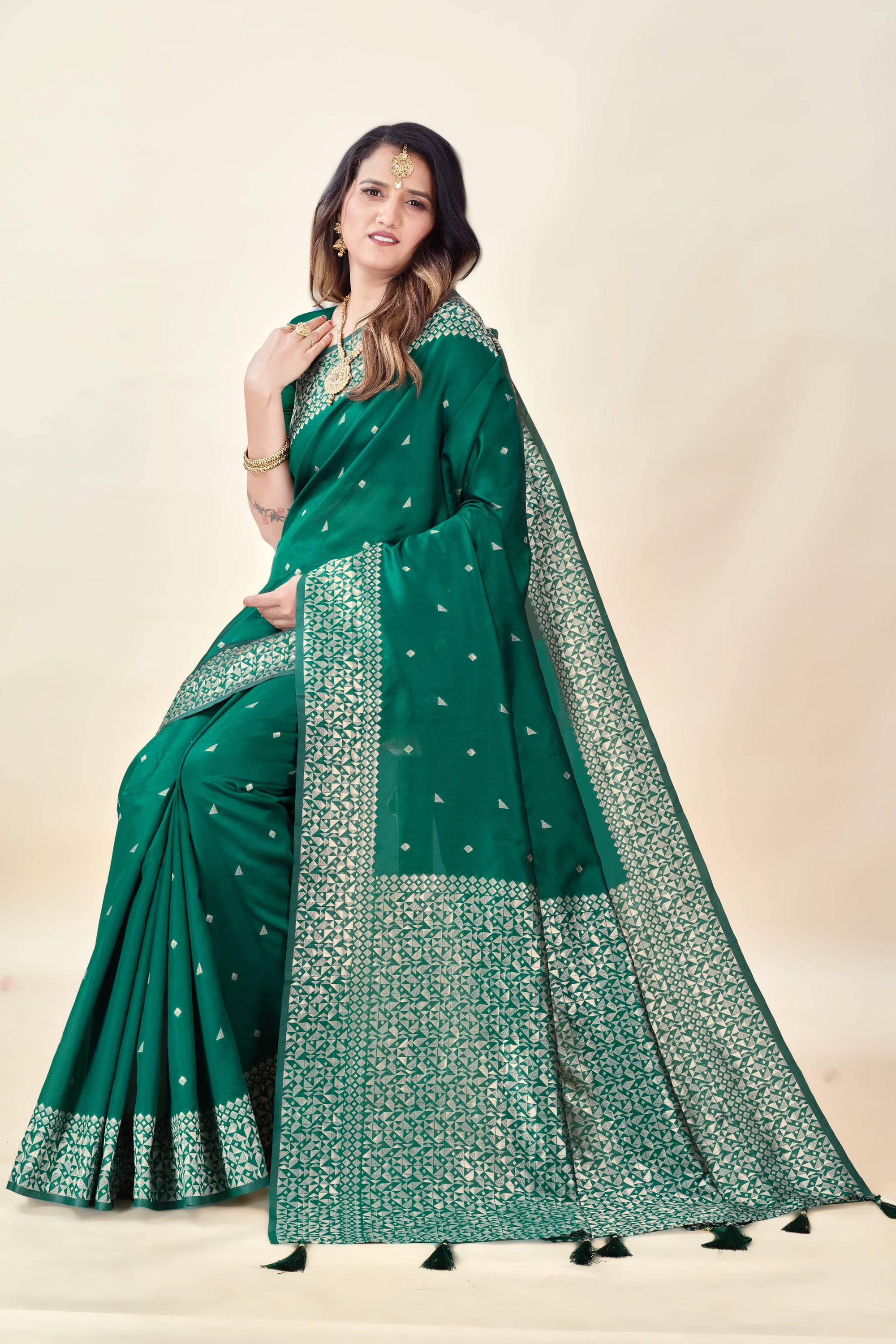 Green Soft Litchi Silk Saree with Silver Zari Weave & Tassel Pallu