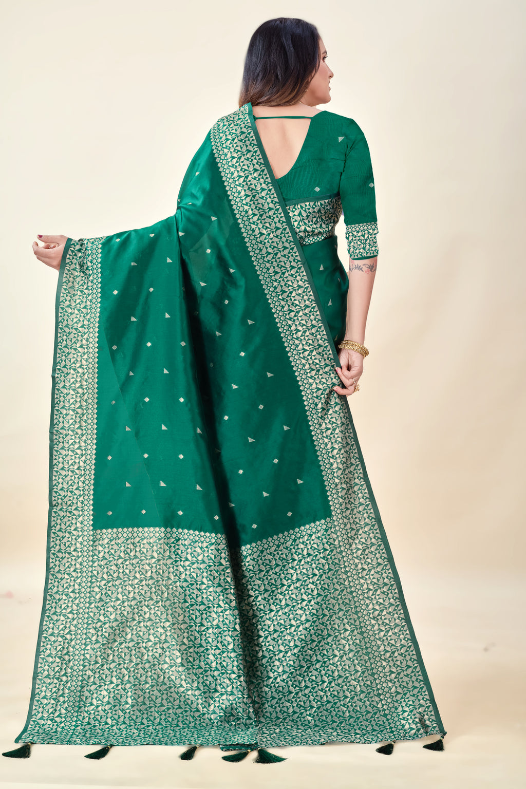 Green Soft Litchi Silk Saree with Silver Zari Weave & Tassel Pallu