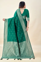 Green Soft Litchi Silk Saree with Silver Zari Weave & Tassel Pallu