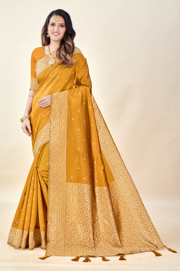 Mustard Soft Litchi Silk Saree with Silver Zari Weave & Tassel Pallu