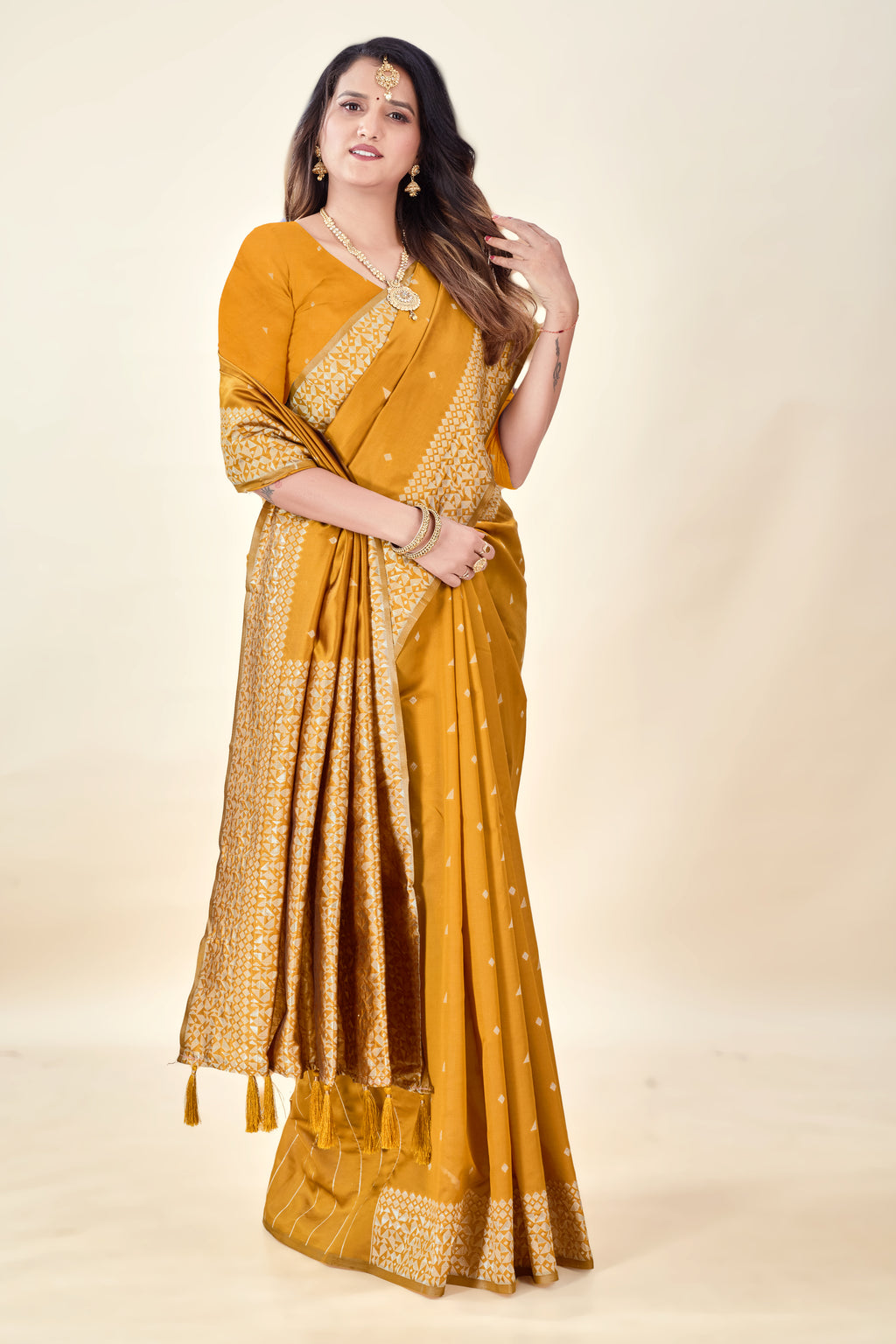 Mustard Soft Litchi Silk Saree with Silver Zari Weave & Tassel Pallu