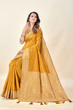 Mustard Soft Litchi Silk Saree with Silver Zari Weave & Tassel Pallu
