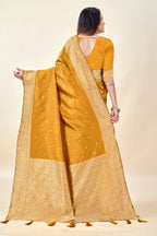 Mustard Soft Litchi Silk Saree with Silver Zari Weave & Tassel Pallu