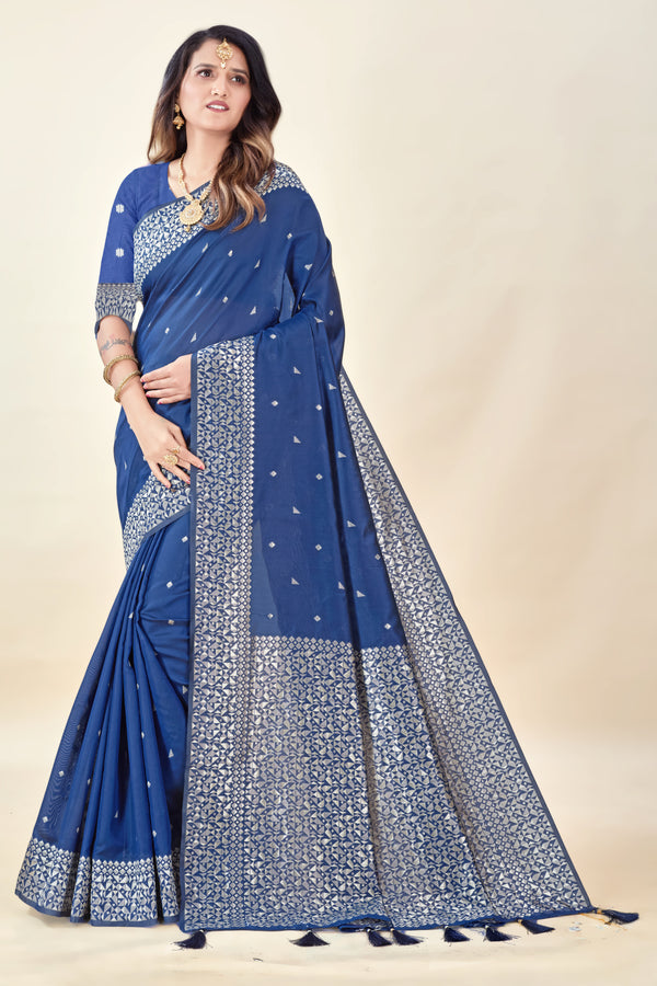 Navy Blue Soft Litchi Silk Saree with Silver Zari Weave & Tassel Pallu