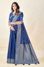 Navy Blue Soft Litchi Silk Saree with Silver Zari Weave & Tassel Pallu
