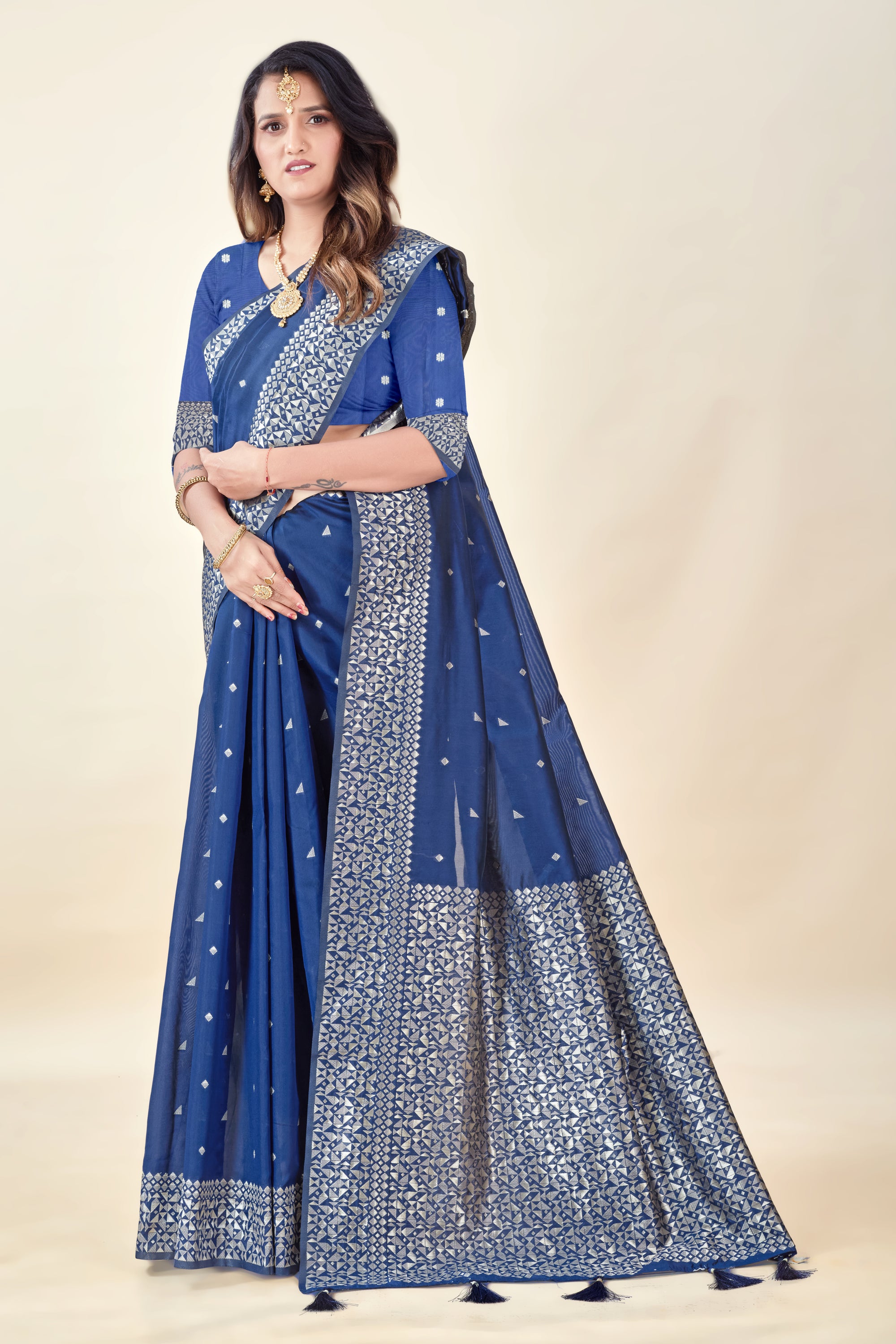 Navy Blue Soft Litchi Silk Saree with Silver Zari Weave & Tassel Pallu