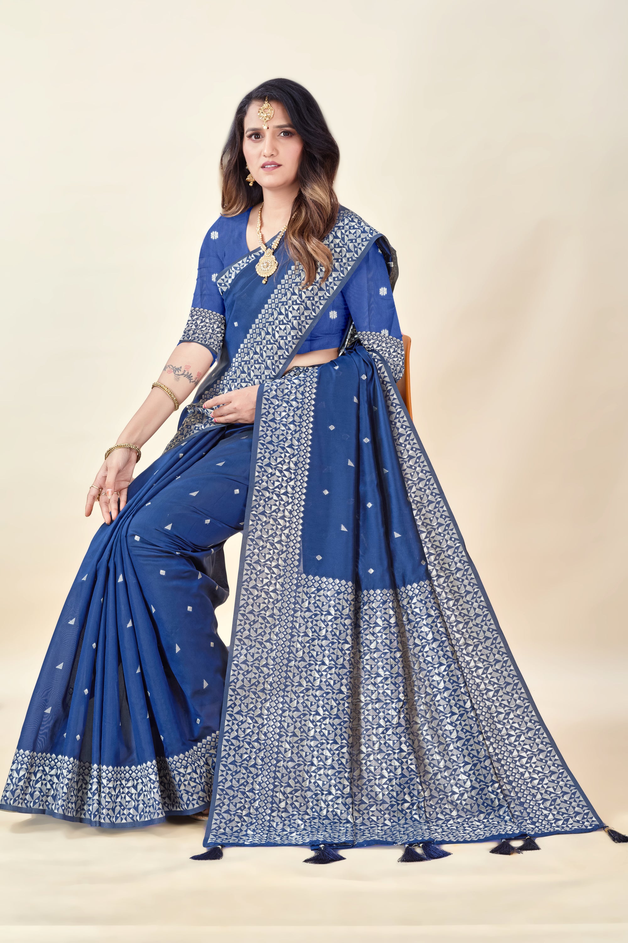 Navy Blue Soft Litchi Silk Saree with Silver Zari Weave & Tassel Pallu
