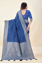 Navy Blue Soft Litchi Silk Saree with Silver Zari Weave & Tassel Pallu