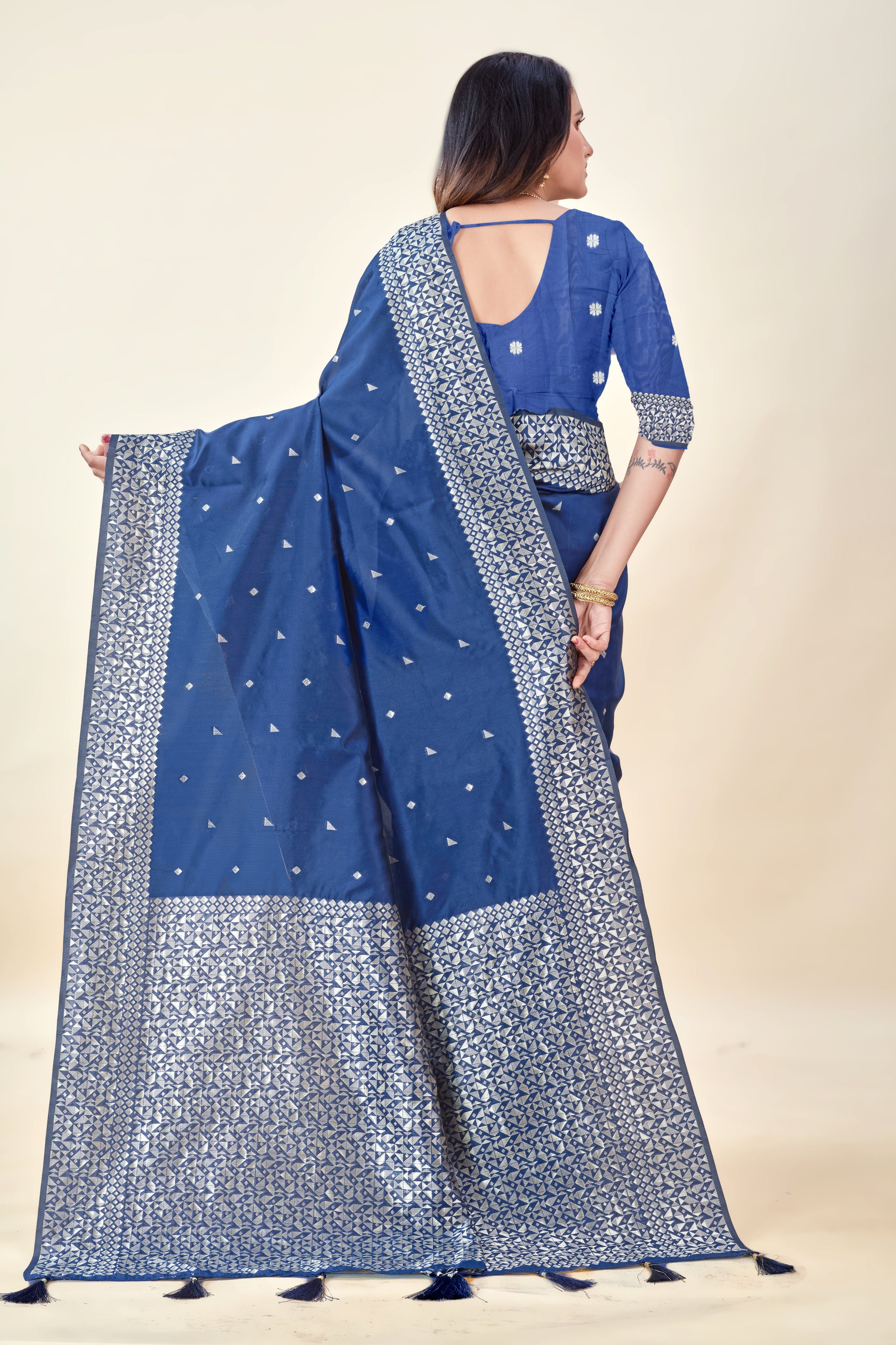 Navy Blue Soft Litchi Silk Saree with Silver Zari Weave & Tassel Pallu