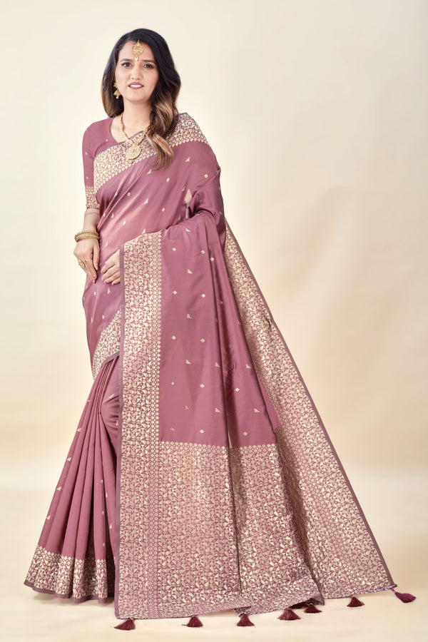 Onion Soft Litchi Silk Saree with Silver Zari Weave & Tassel Pallu