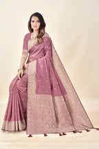 Onion Soft Litchi Silk Saree with Silver Zari Weave & Tassel Pallu