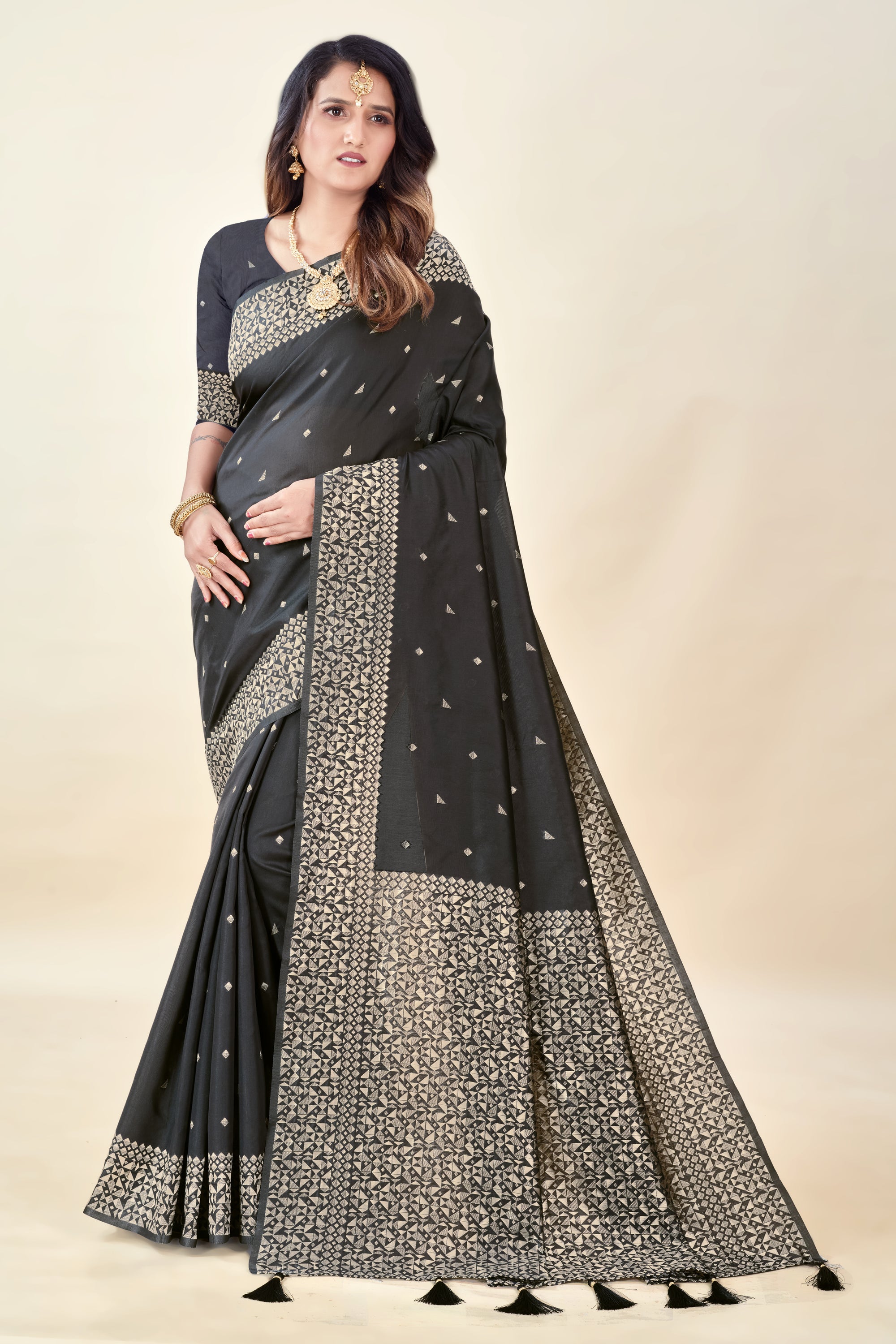 Black Soft Litchi Silk Saree with Silver Zari Weave & Tassel Pallu