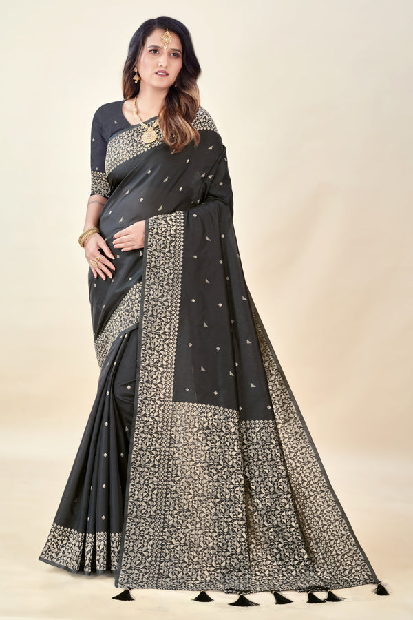 Black Soft Litchi Silk Saree with Silver Zari Weave & Tassel Pallu