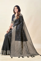 Black Soft Litchi Silk Saree with Silver Zari Weave & Tassel Pallu