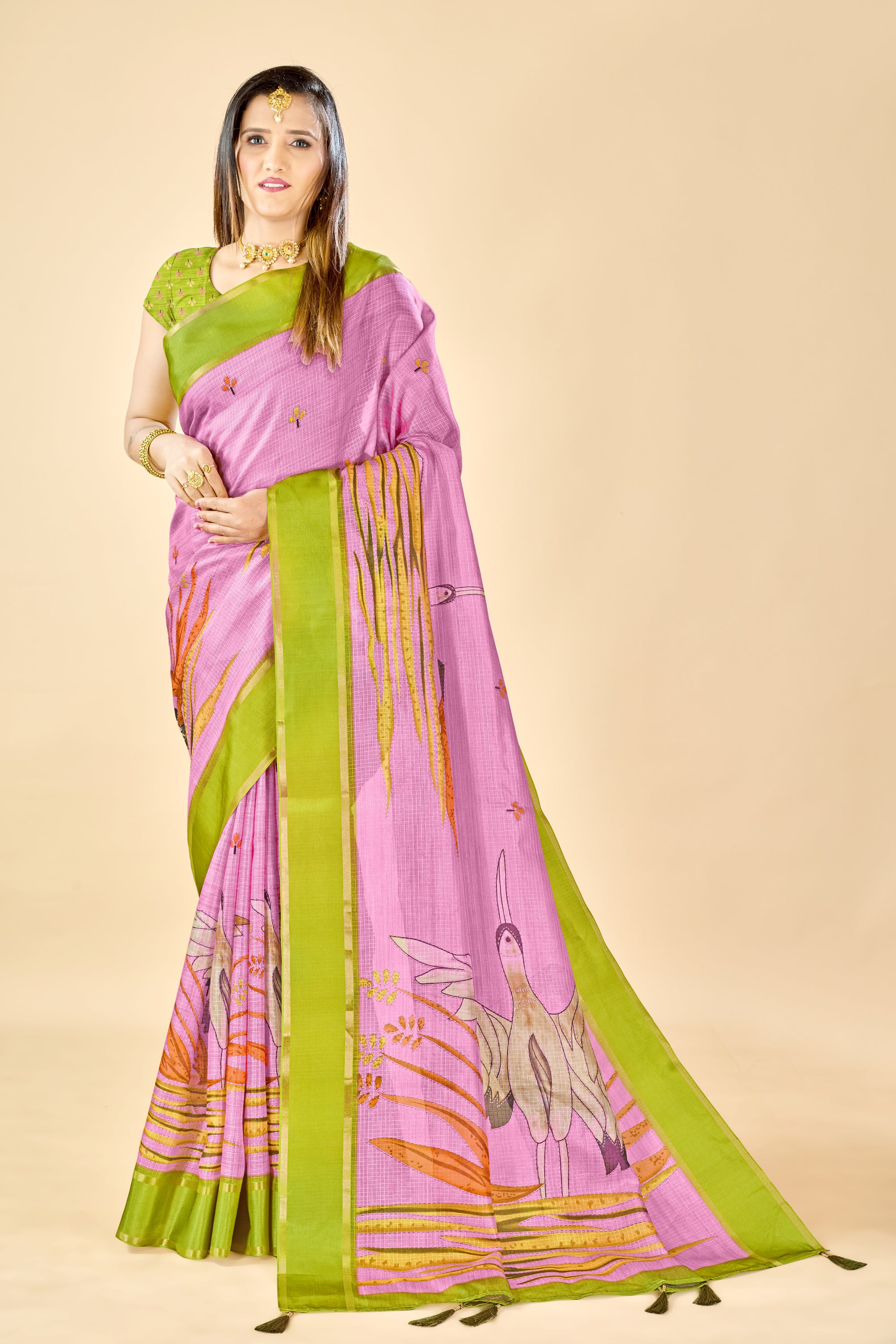 Pink Soft Kota Silk Saree with Satin Border & Flamingo Digital Print
