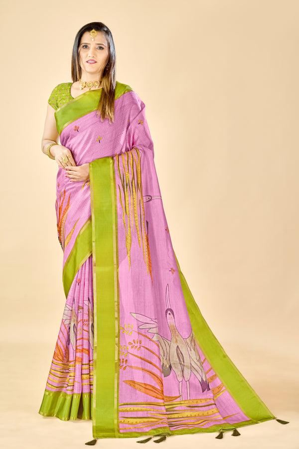 Pink Soft Kota Silk Saree with Satin Border & Flamingo Digital Print