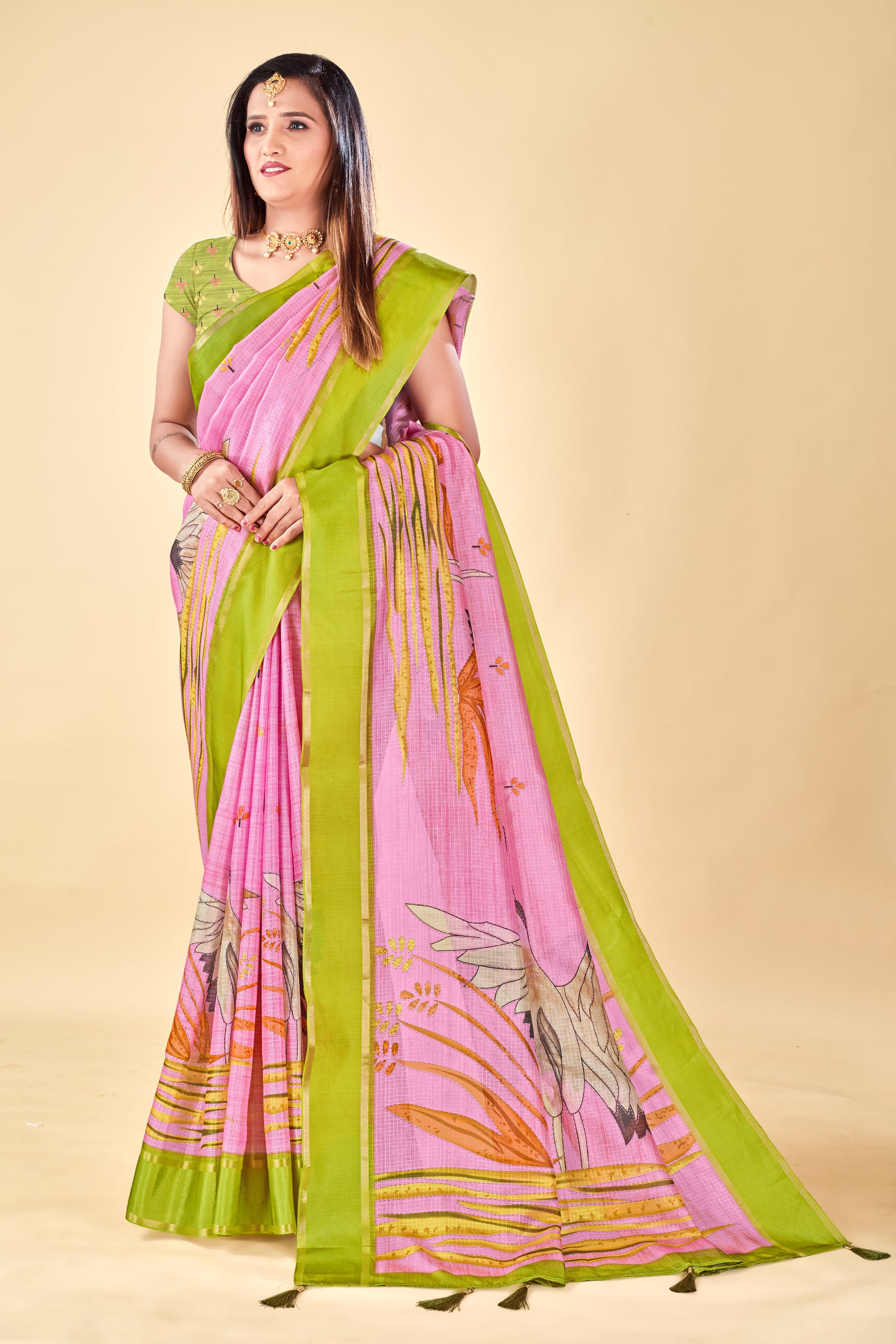 Pink Soft Kota Silk Saree with Satin Border & Flamingo Digital Print