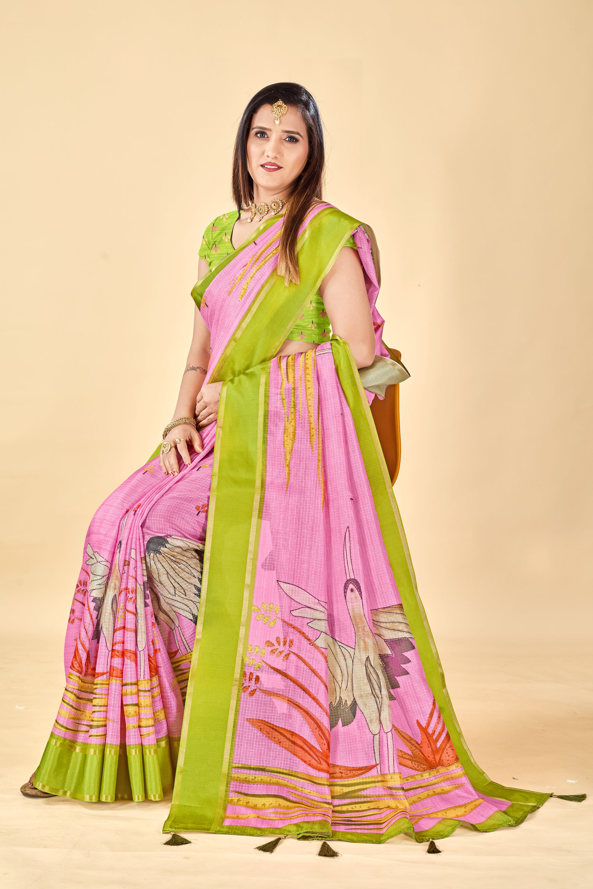 Pink Soft Kota Silk Saree with Satin Border & Flamingo Digital Print