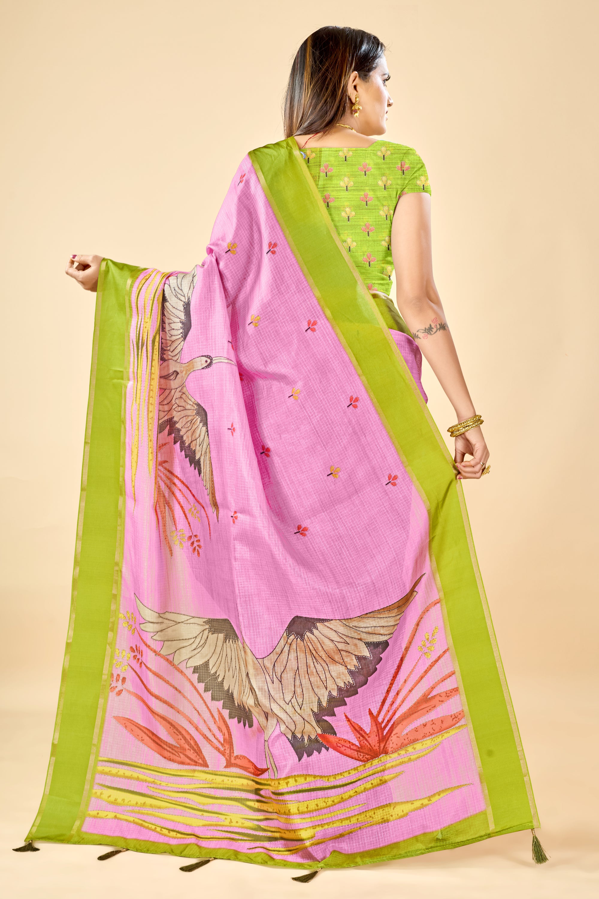 Pink Soft Kota Silk Saree with Satin Border & Flamingo Digital Print
