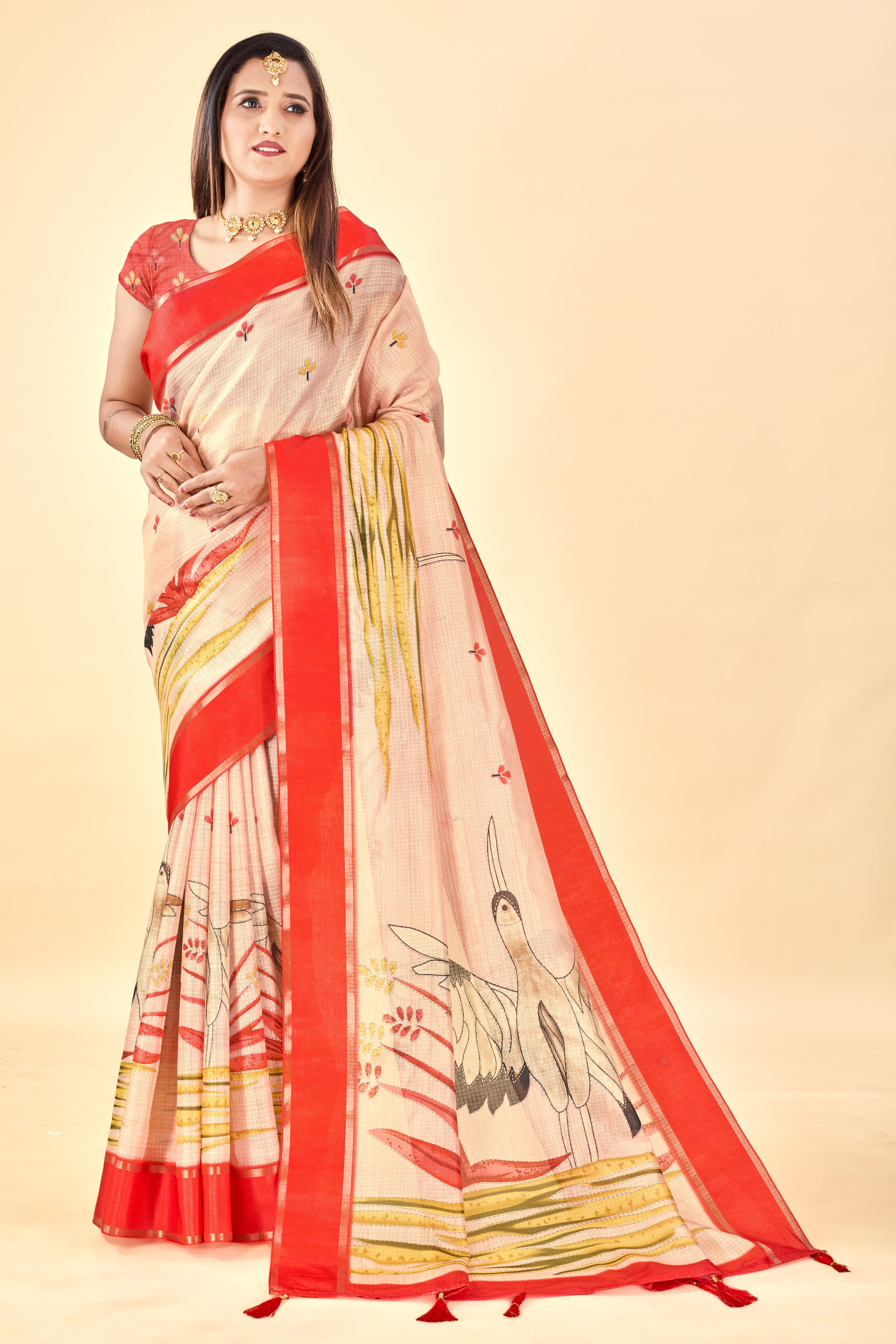 Cream Soft Kota Silk Saree with Satin Border & Flamingo Digital Print