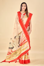 Cream Soft Kota Silk Saree with Satin Border & Flamingo Digital Print