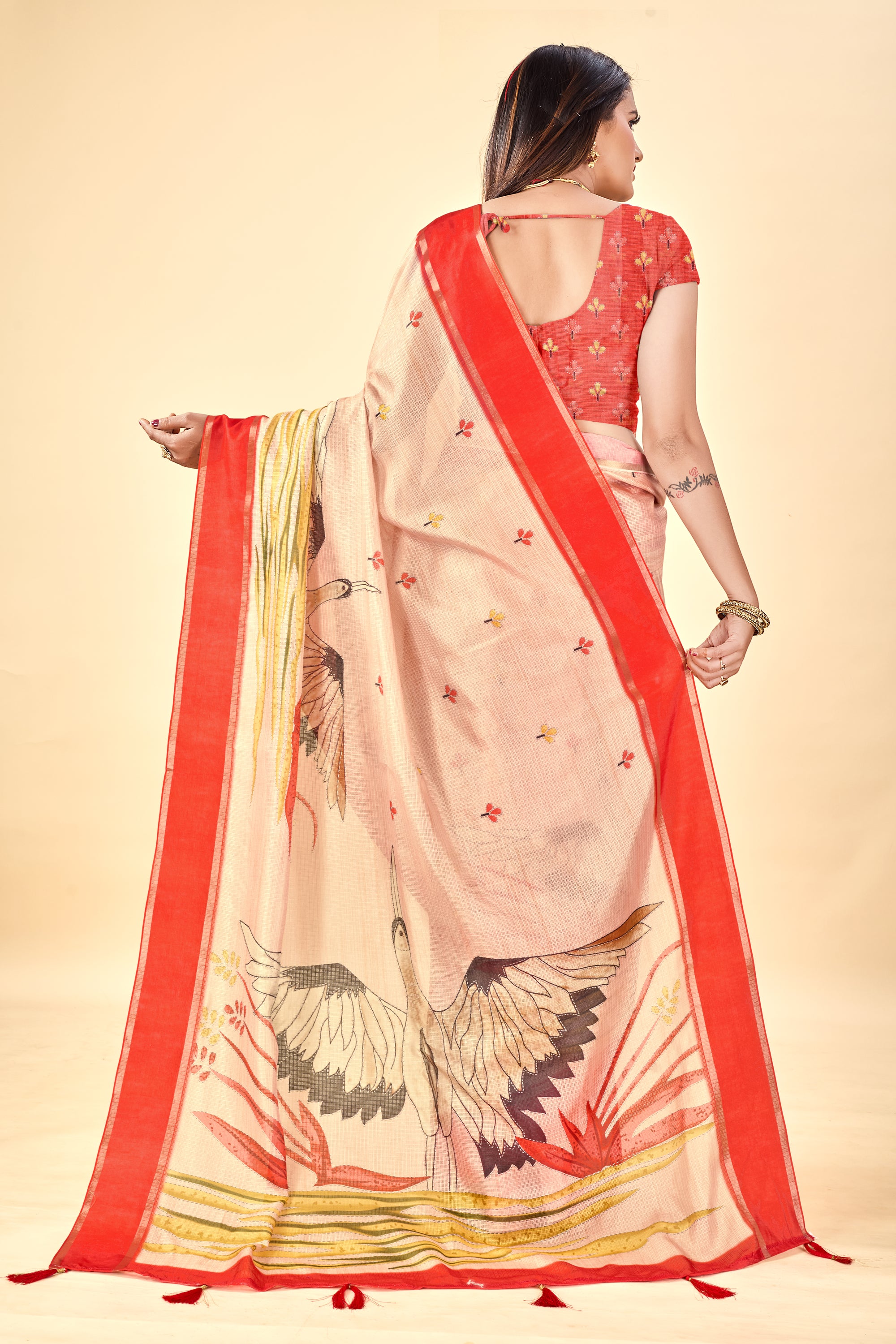 Cream Soft Kota Silk Saree with Satin Border & Flamingo Digital Print
