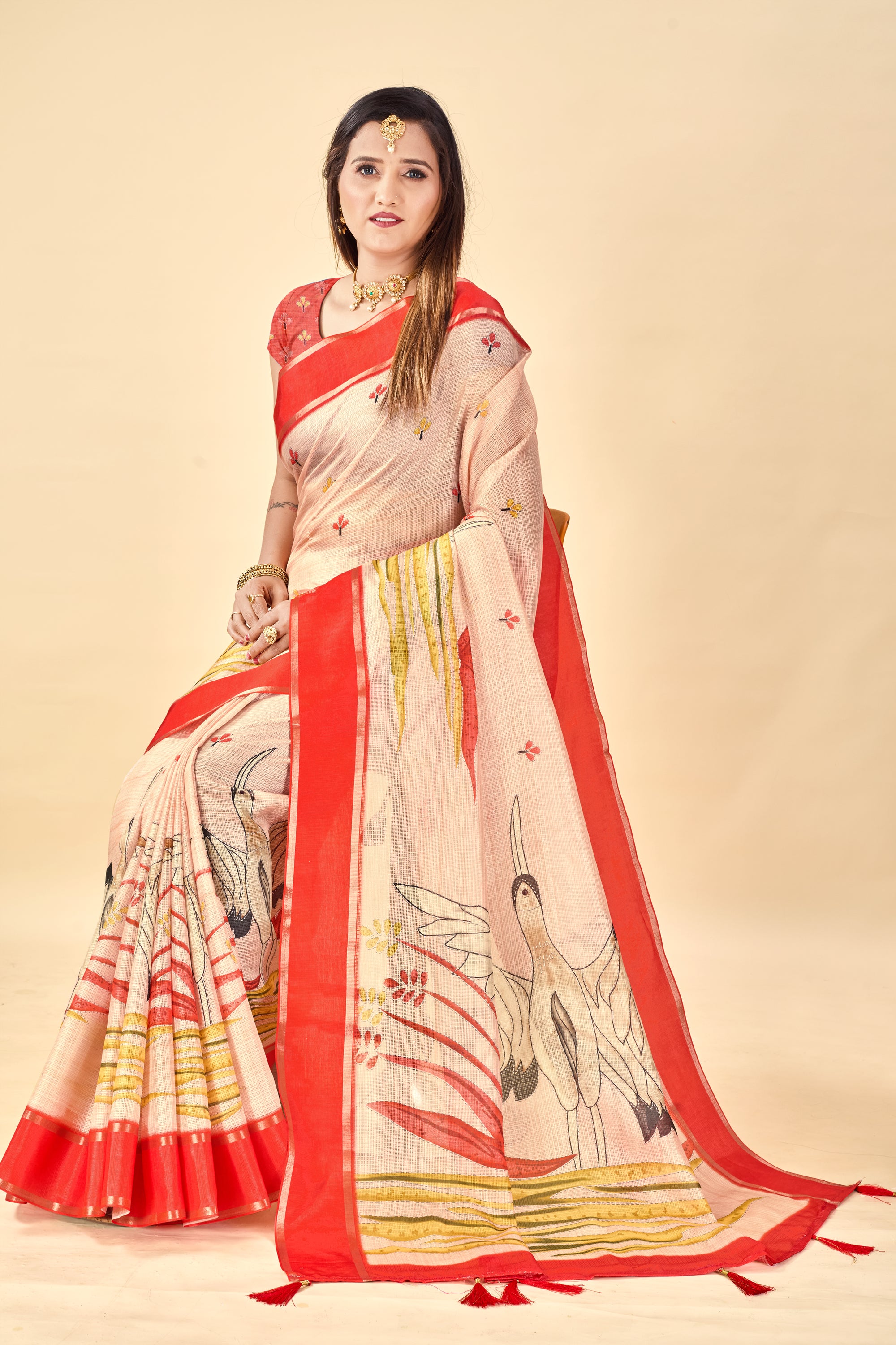 Cream Soft Kota Silk Saree with Satin Border & Flamingo Digital Print