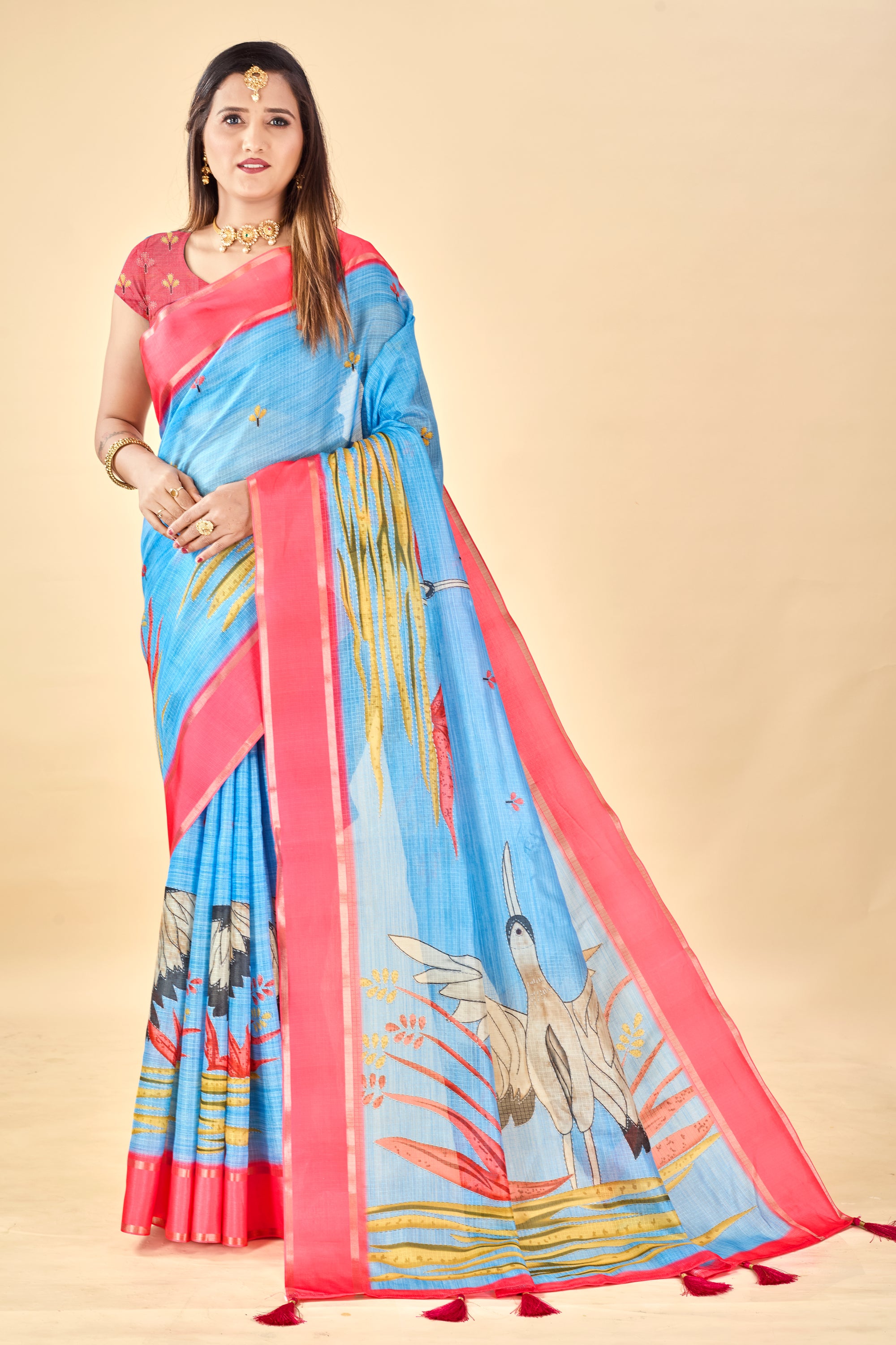 Blue Soft Kota Silk Saree with Satin Border & Flamingo Digital Print