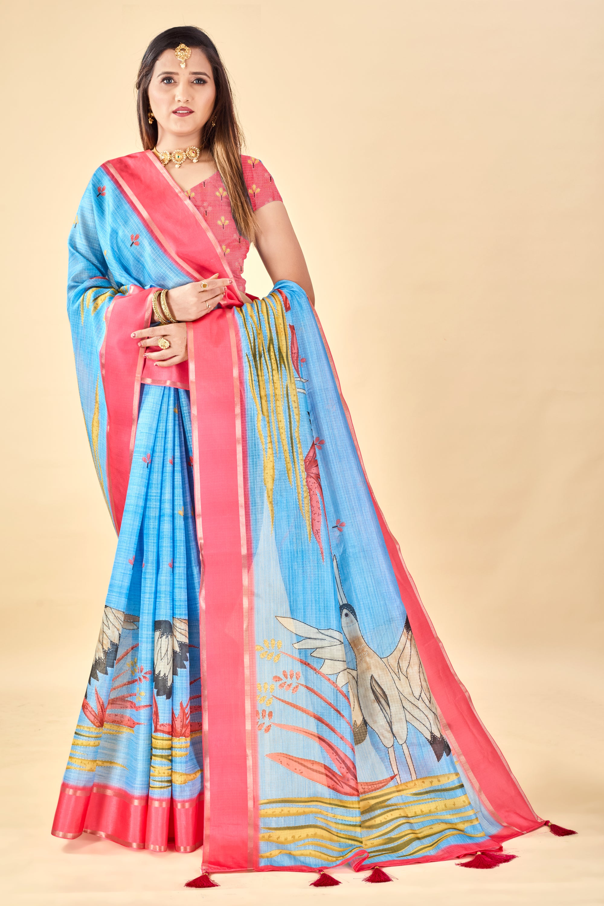 Blue Soft Kota Silk Saree with Satin Border & Flamingo Digital Print