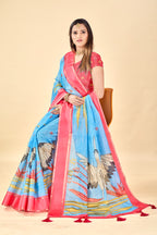 Blue Soft Kota Silk Saree with Satin Border & Flamingo Digital Print